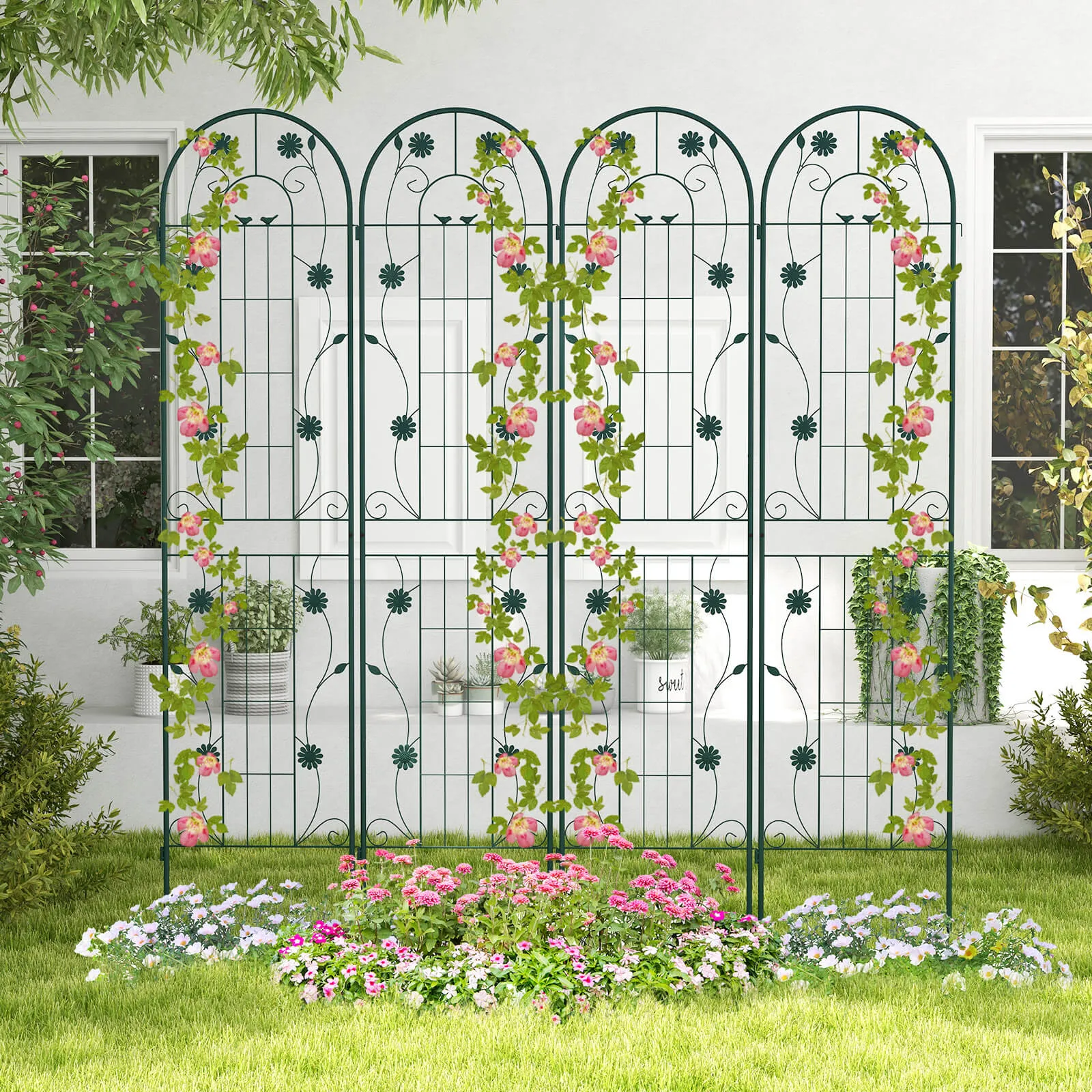 2/4 Pack Metal Garden Trellis 180 cm x 50 cm Wire Lattice Panel-Green-4 Pack