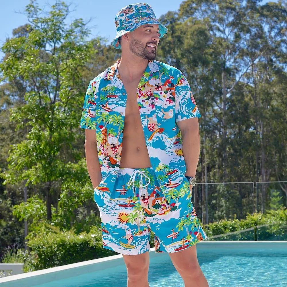 Blue Surfing Santa - Mens Christmas Shirt & Shorts