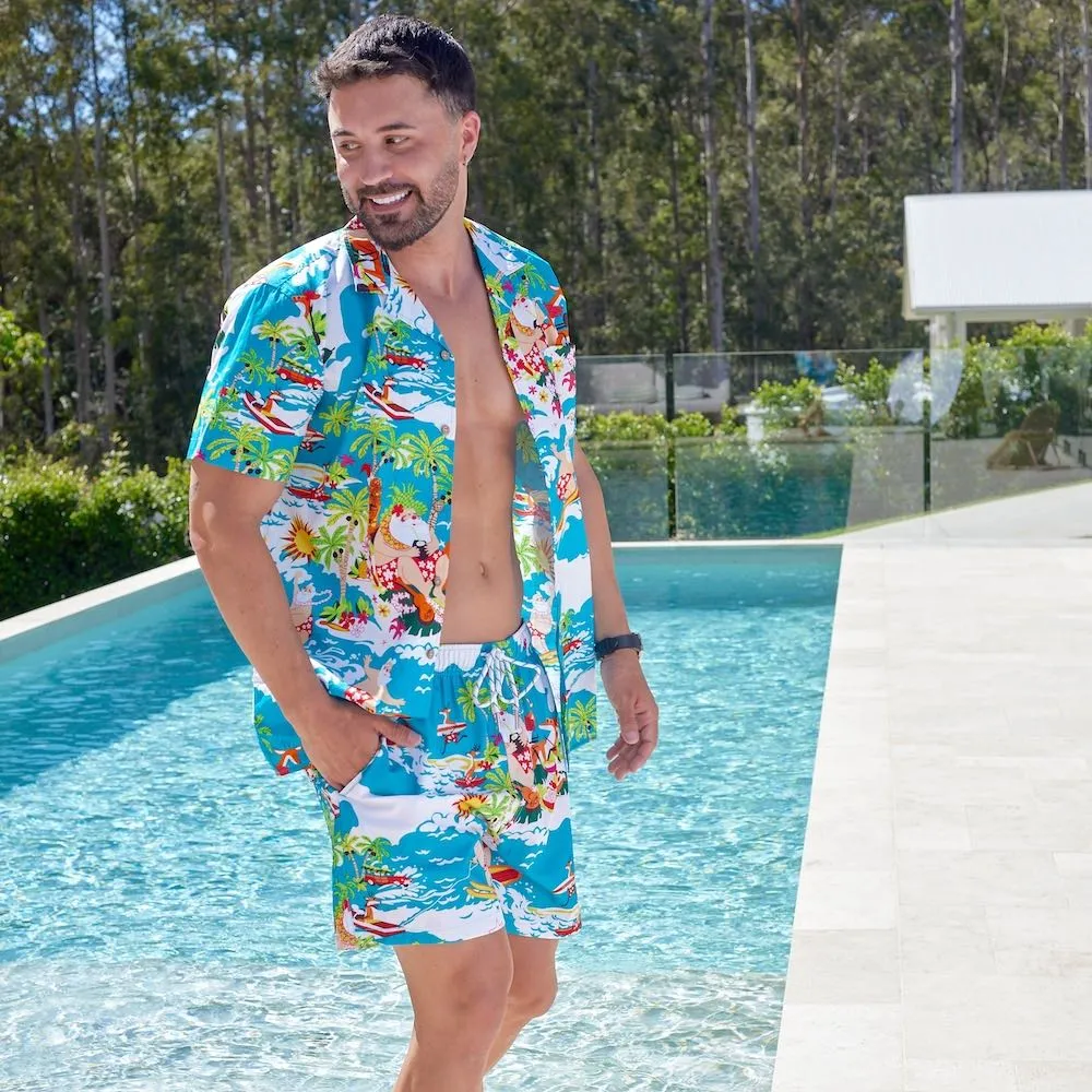 Blue Surfing Santa - Mens Christmas Shirt & Shorts