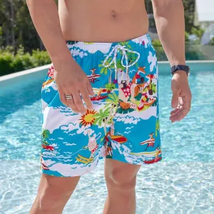 Blue Surfing Santa - Recycled Swim Shorts