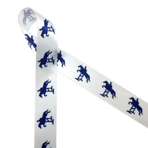 Equestrian ribbon Horse jumping in navy printed on 1.5" white satin