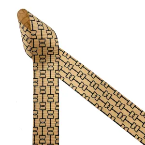 Equestrian Snaffle bit pattern ribbon in black printed on 1.5" tan grosgrain