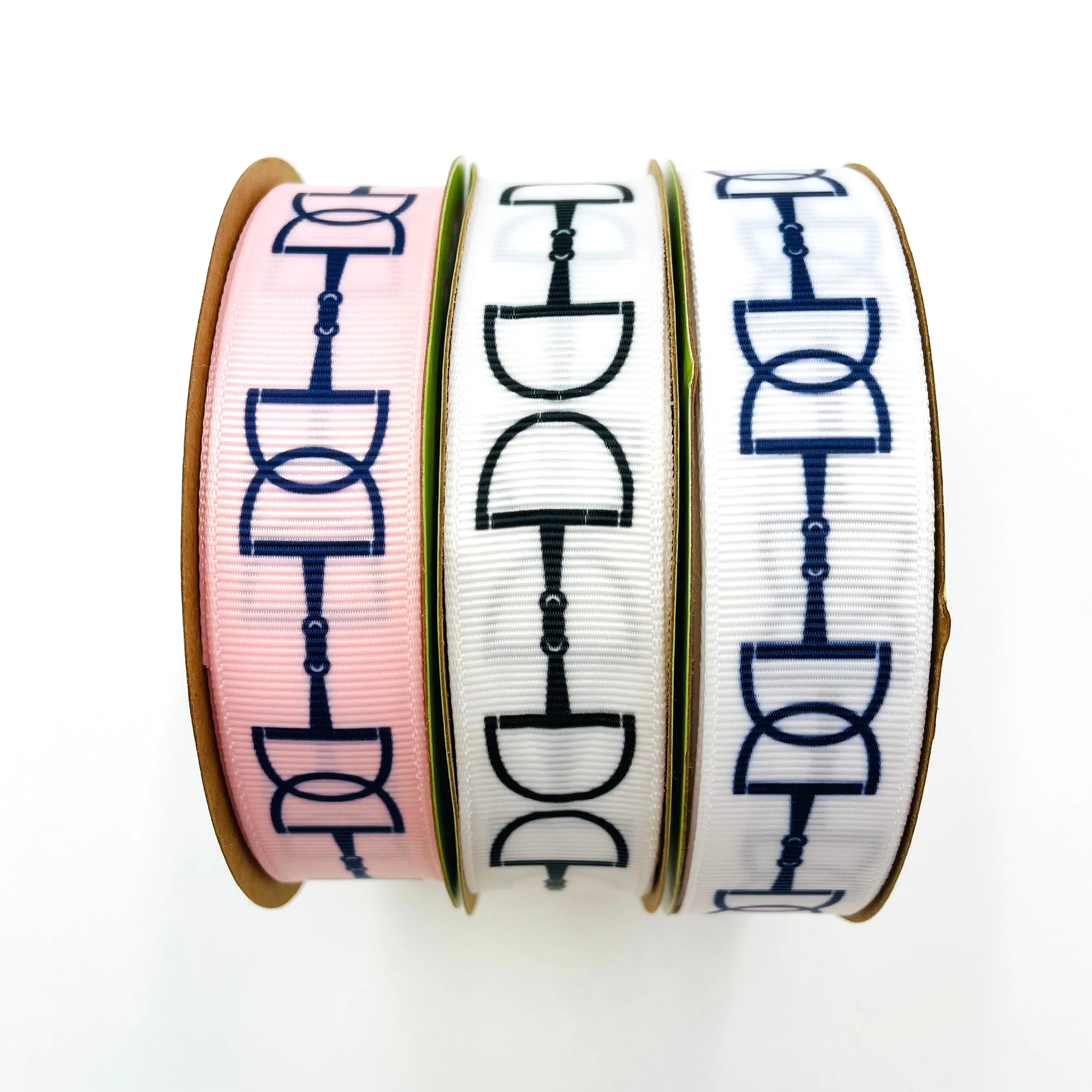 Snaffle bit ribbon with black or navy bits printed on 7/8"white or pink  single grosgrain