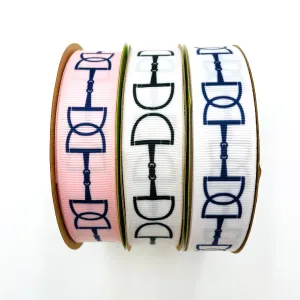 Snaffle bit ribbon with black or navy bits printed on 7/8"white or pink  single grosgrain
