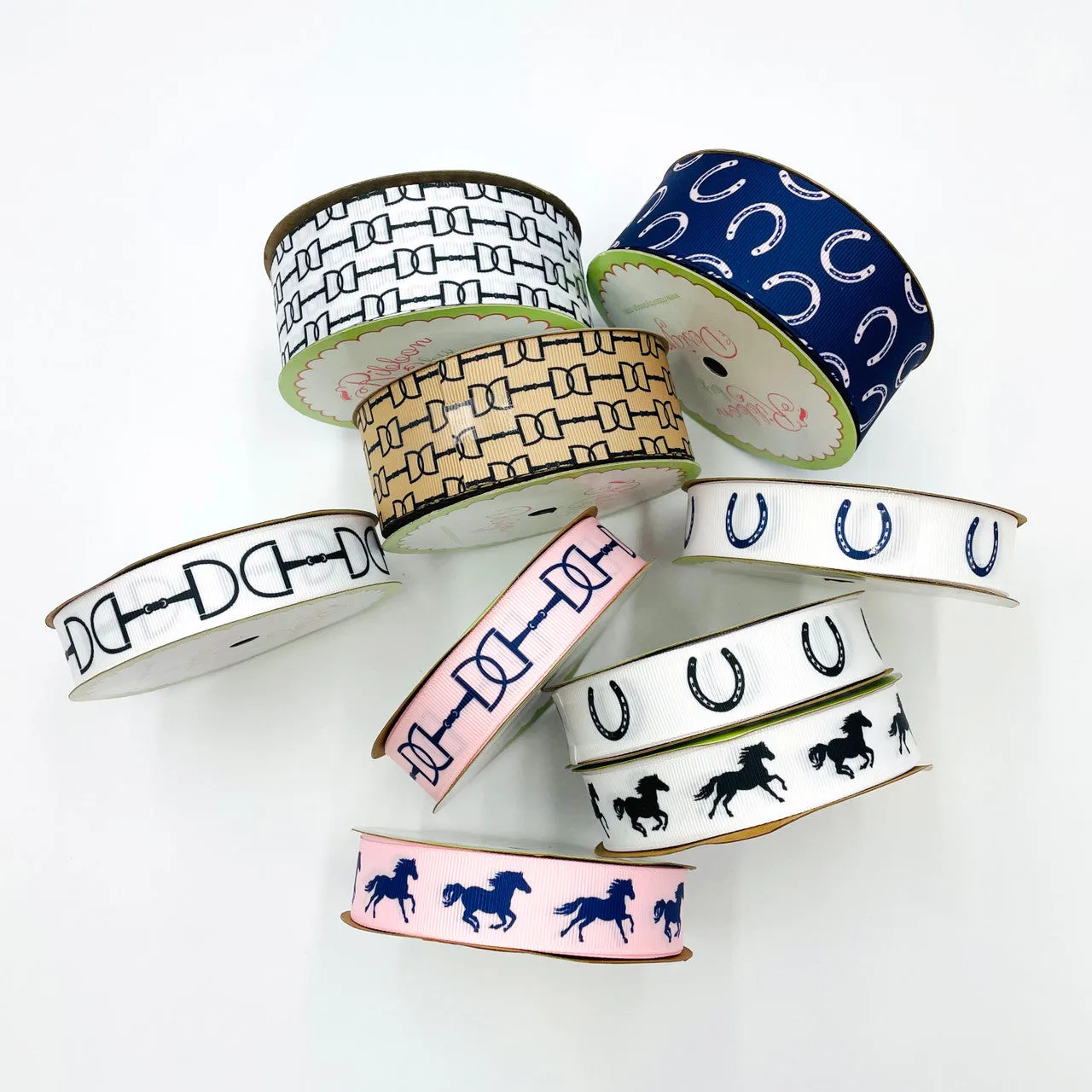 Snaffle bit ribbon with black or navy bits printed on 7/8"white or pink  single grosgrain