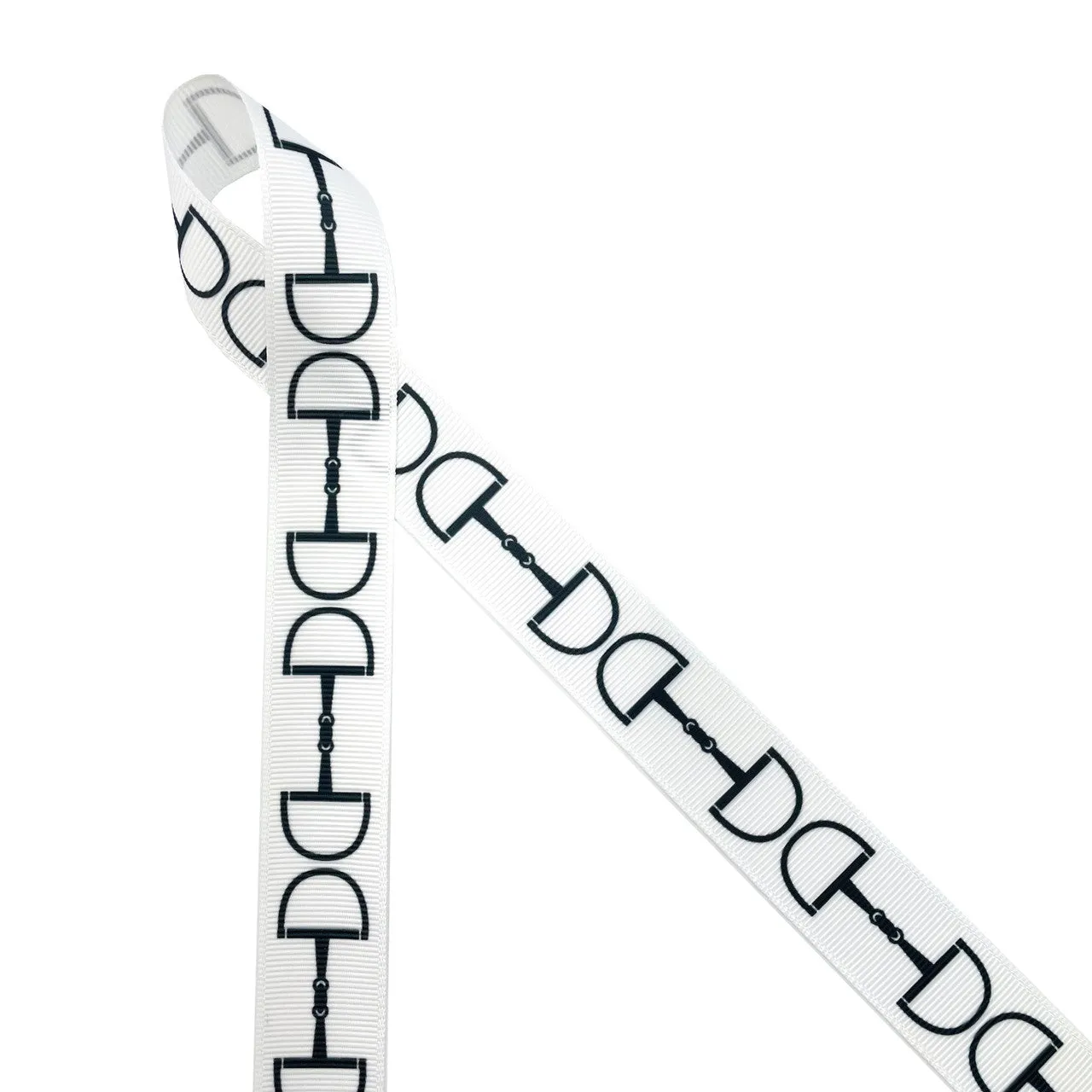 Snaffle bit ribbon with black or navy bits printed on 7/8"white or pink  single grosgrain