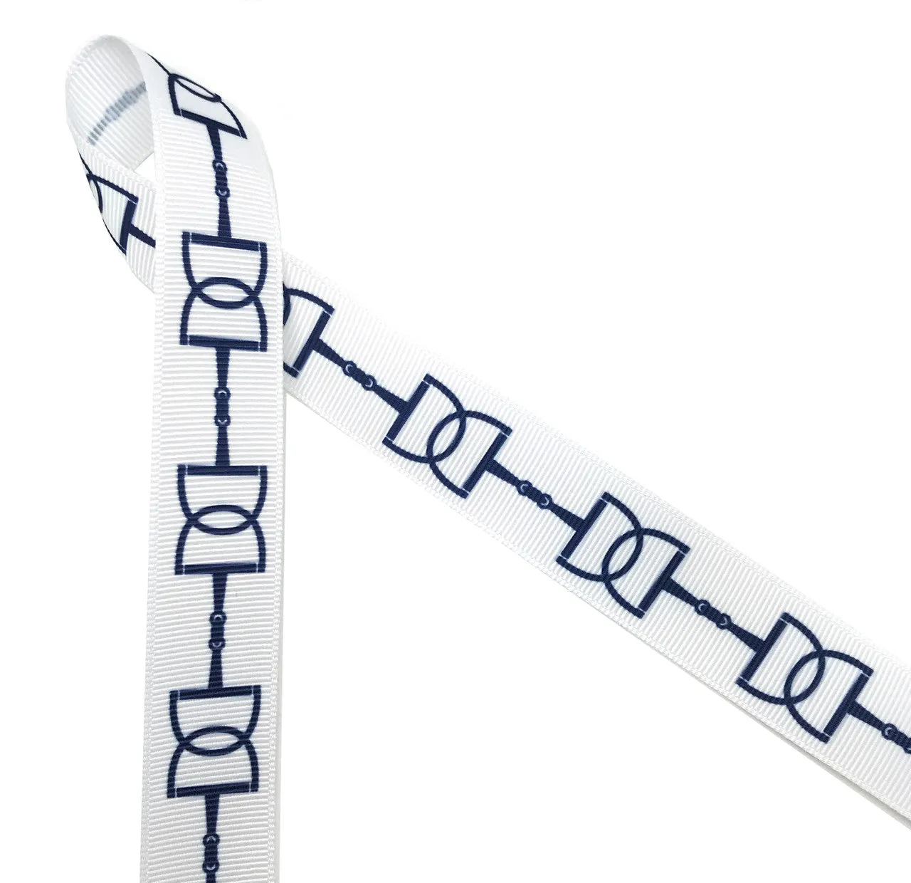 Snaffle bit ribbon with black or navy bits printed on 7/8"white or pink  single grosgrain