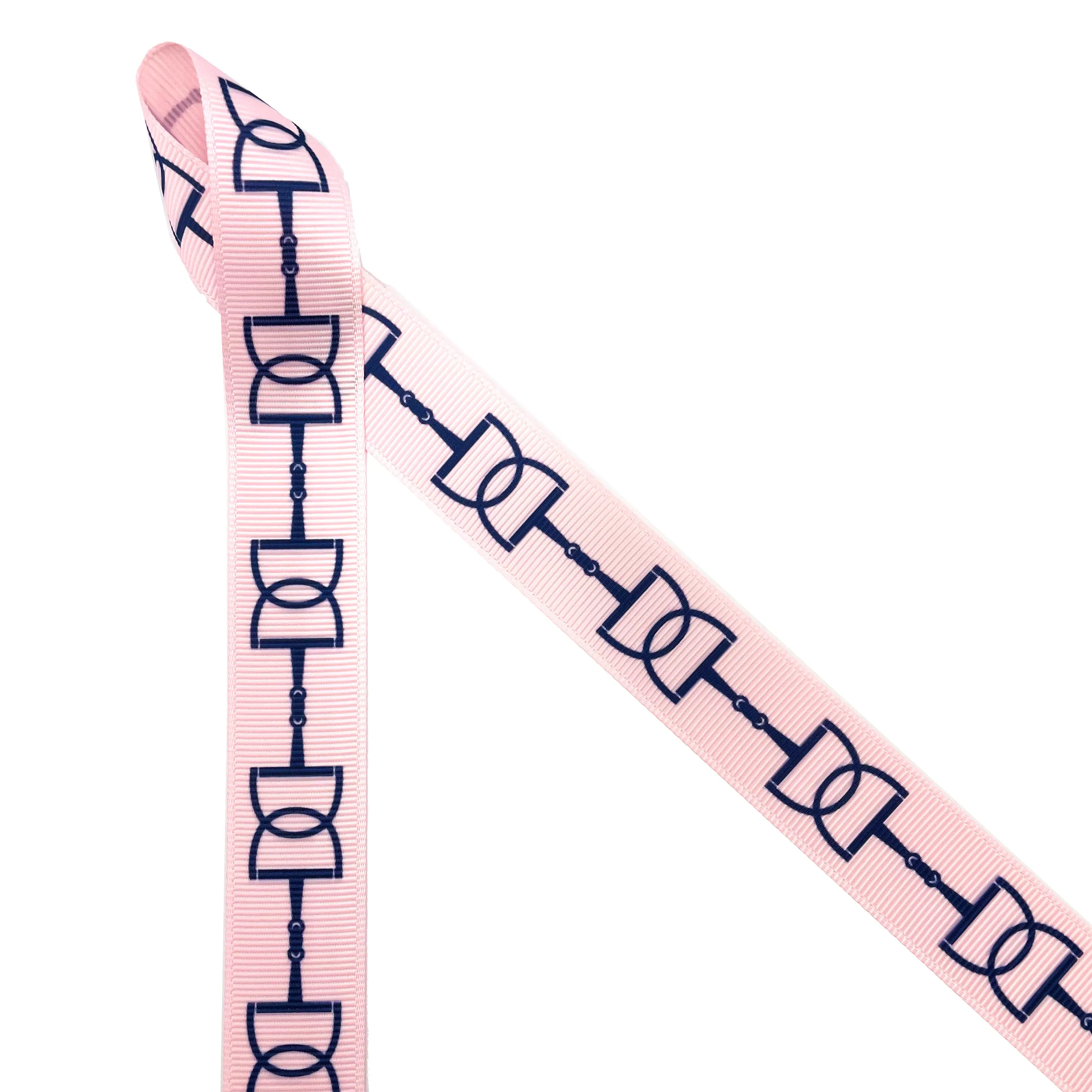 Snaffle bit ribbon with black or navy bits printed on 7/8"white or pink  single grosgrain