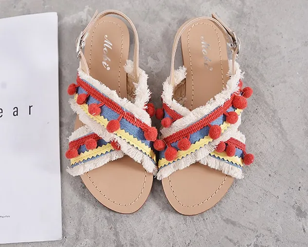 Summer Boho National Style Wave Colorful Pom Sandals