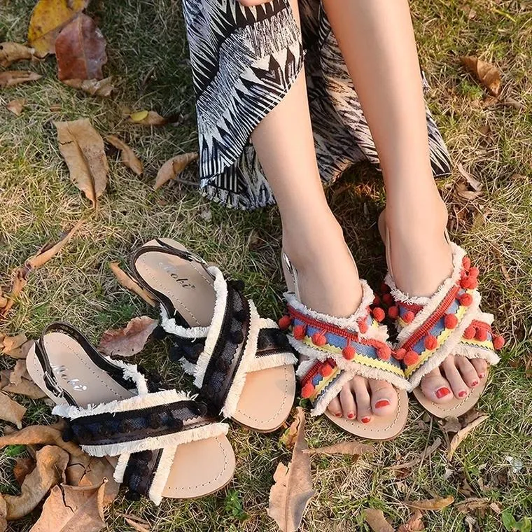 Summer Boho National Style Wave Colorful Pom Sandals
