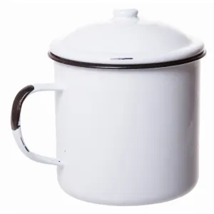 White Rustic Distressed Enamelware Mug with Lid and Handle - Large - 4.5 Inch High White Rustic Distressed Enamelware Mug with Lid and Handle - Large - 4.5 Inch High