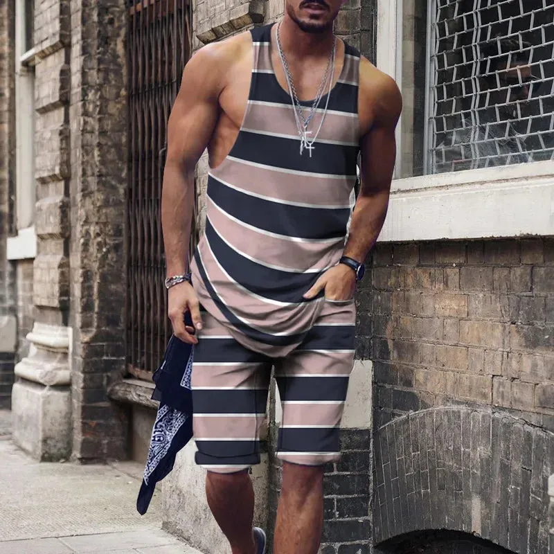 Wiaofellas  -    Minimalist striped men's tank top set, summer new beach volleyball pants