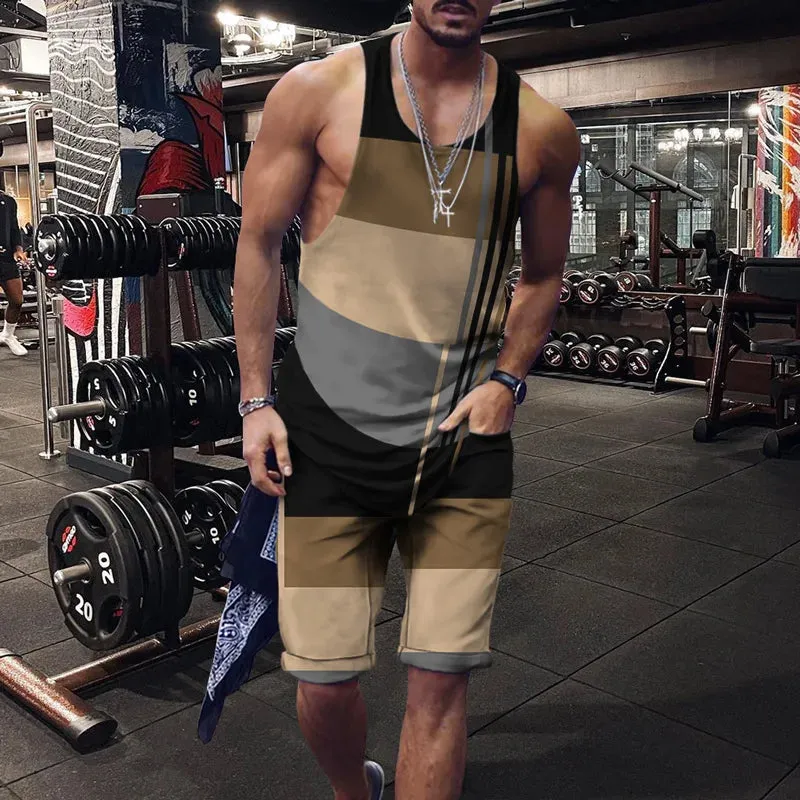 Wiaofellas  -    Minimalist striped men's tank top set, summer new beach volleyball pants