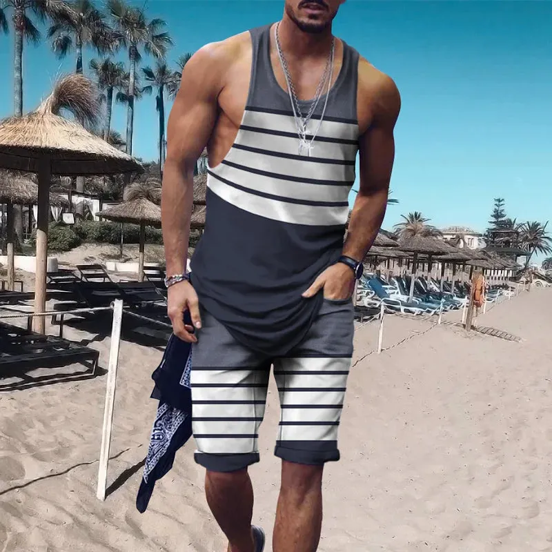 Wiaofellas  -    Minimalist striped men's tank top set, summer new beach volleyball pants