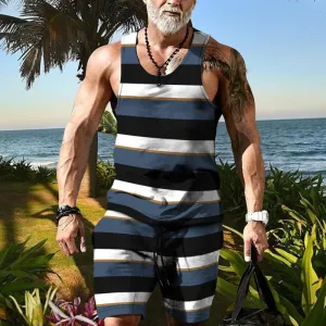 Wiaofellas  -    Minimalist striped men's tank top set, summer new beach volleyball pants