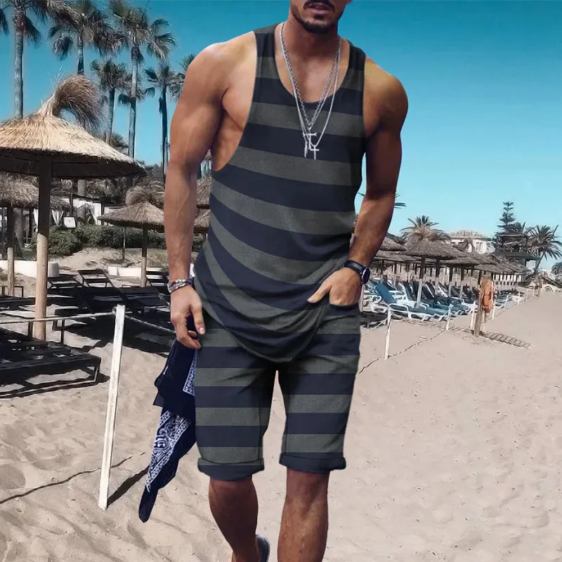 Wiaofellas  -    Minimalist striped men's tank top set, summer new beach volleyball pants