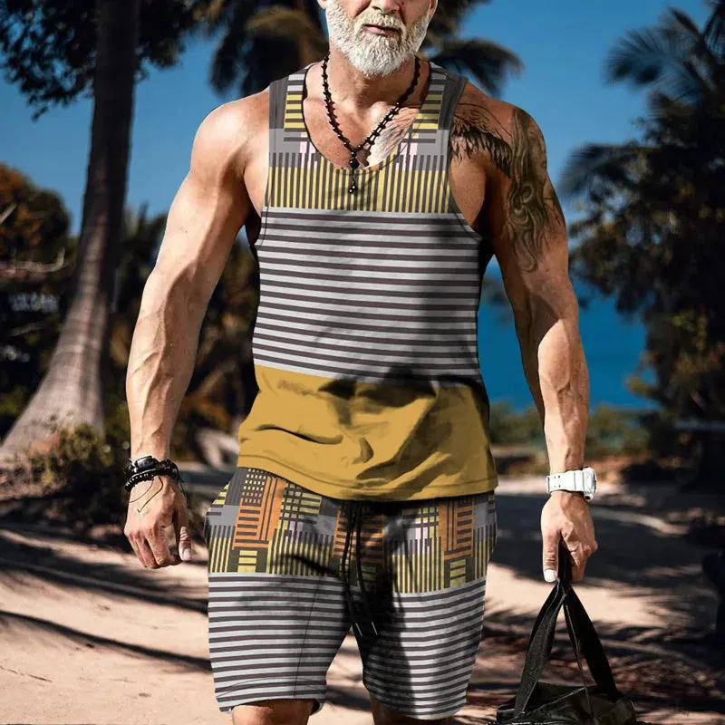 Wiaofellas  -    Minimalist striped men's tank top set, summer new beach volleyball pants