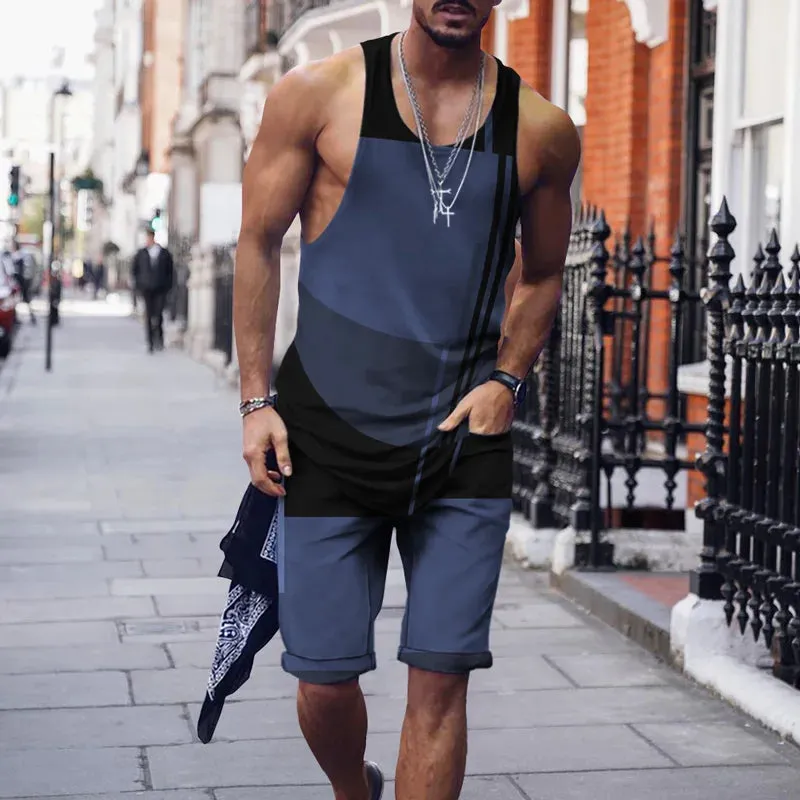 Wiaofellas  -    Minimalist striped men's tank top set, summer new beach volleyball pants