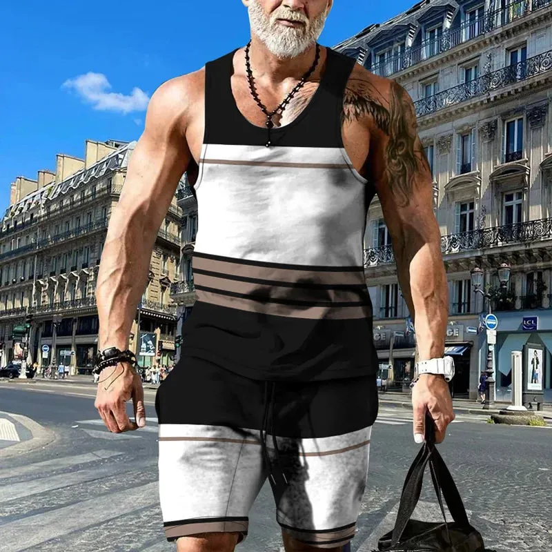 Wiaofellas  -    Minimalist striped men's tank top set, summer new beach volleyball pants
