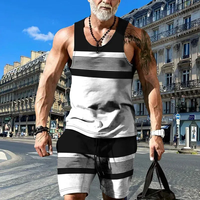 Wiaofellas  -    Minimalist striped men's tank top set, summer new beach volleyball pants