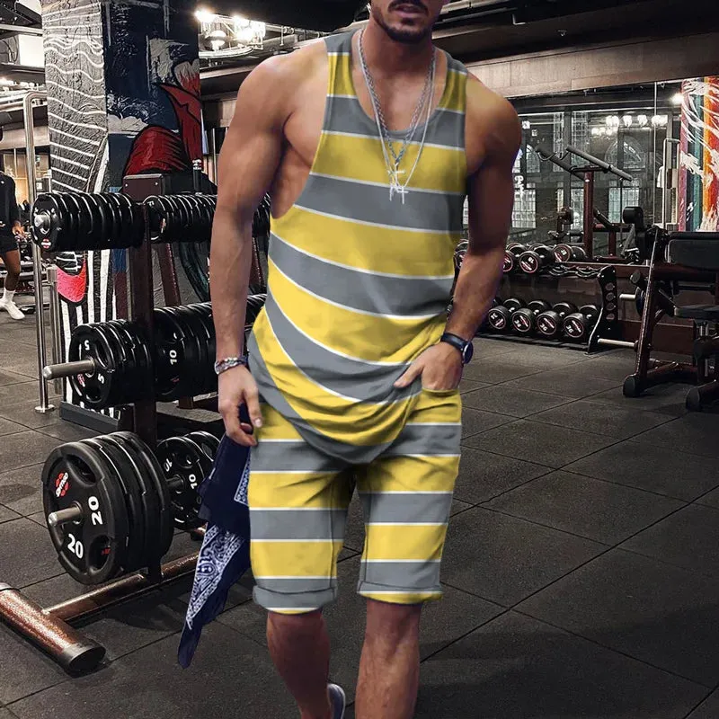 Wiaofellas  -    Minimalist striped men's tank top set, summer new beach volleyball pants