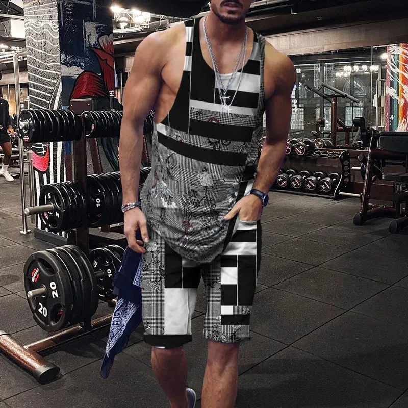 Wiaofellas  -    Minimalist striped men's tank top set, summer new beach volleyball pants