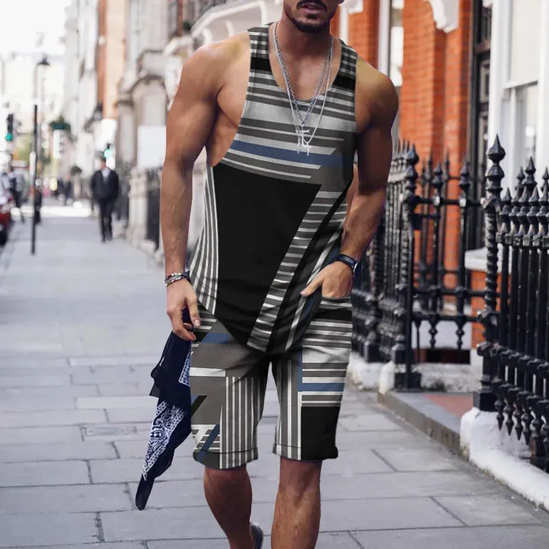 Wiaofellas  -    Minimalist striped men's tank top set, summer new beach volleyball pants