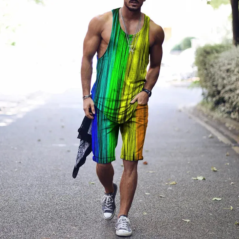 Wiaofellas  -    Minimalist striped men's tank top set, summer new beach volleyball pants