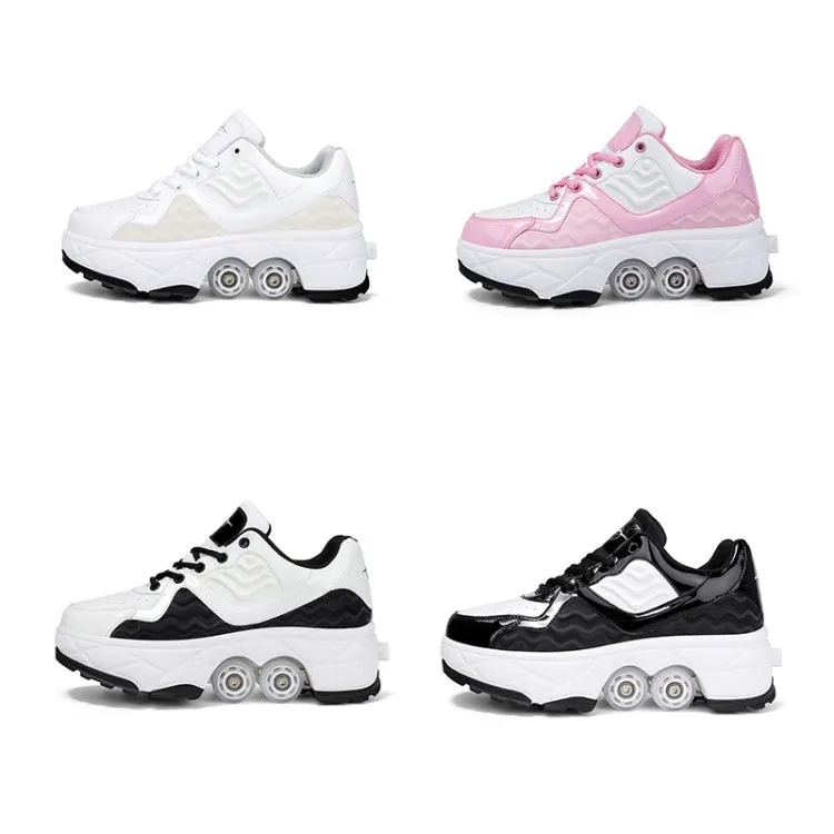 With Brakes Deformable Four-wheel Retractable Double-row Dual-purpose Roller Skates, Size: 42(DF08 Pink)