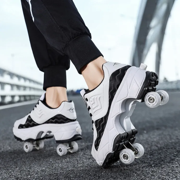 With Brakes Deformable Four-wheel Retractable Double-row Dual-purpose Roller Skates, Size: 42(DF08 Pink)
