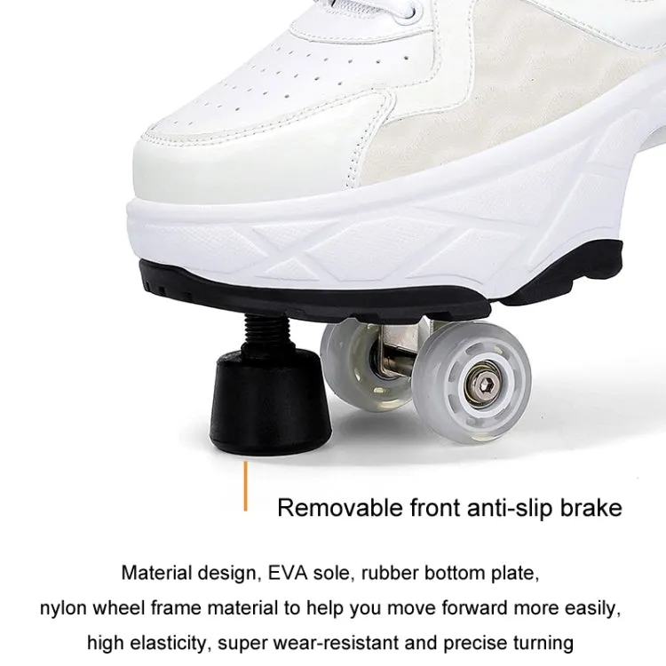 With Brakes Deformable Four-wheel Retractable Double-row Dual-purpose Roller Skates, Size: 42(DF08 Pink)